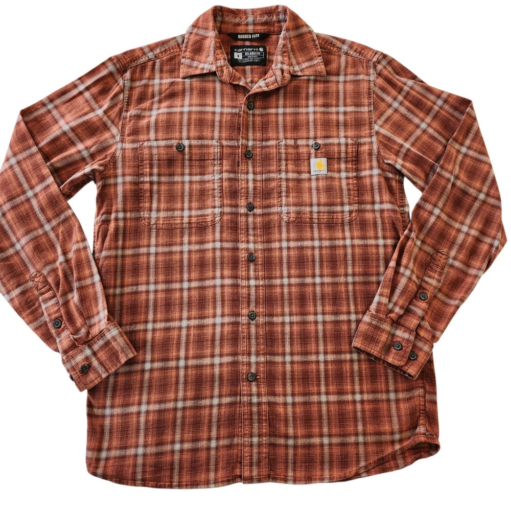 Carhartt Rugged Flex Relaxed Fit Plaid Button Down Casual Work Shirt Orange Mens - Picture 2 of 5